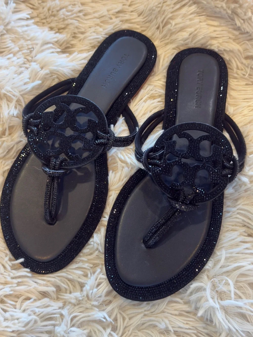 Tory Burch Black Glitter Logo Thong Sandals New no box